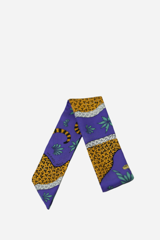 Hermes Purple Leopard Print Twilly W/washing label