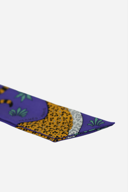 Hermes Purple Leopard Print Twilly W/washing label