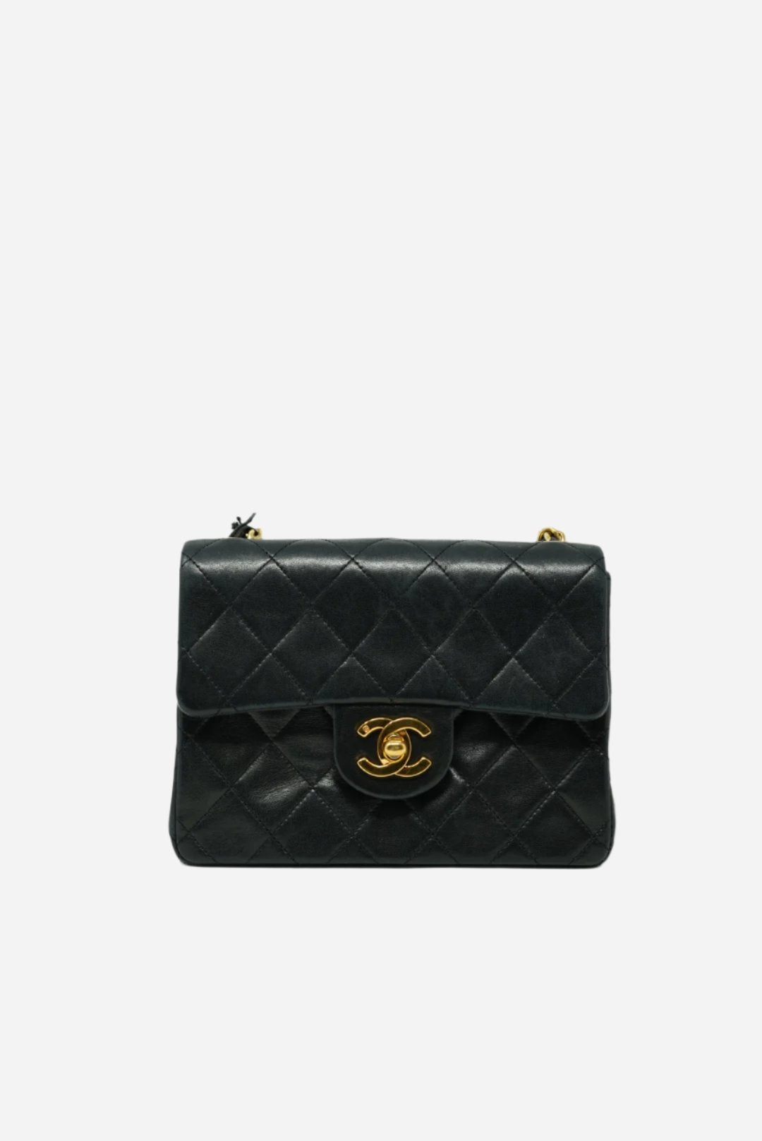 Pre-Owned Chanel 1989-1991 Mini Square Short Chain HandBag Black Lambskin