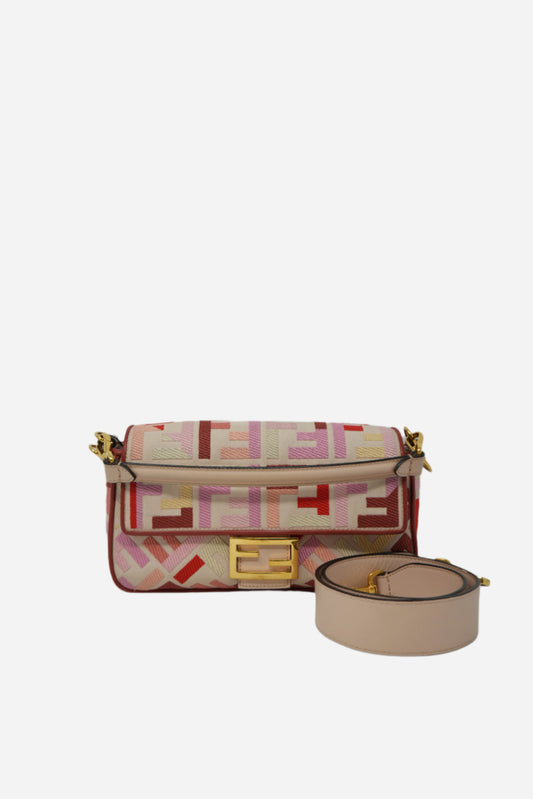 Fendi Canvas Embroidered Baguette Gold-Tone