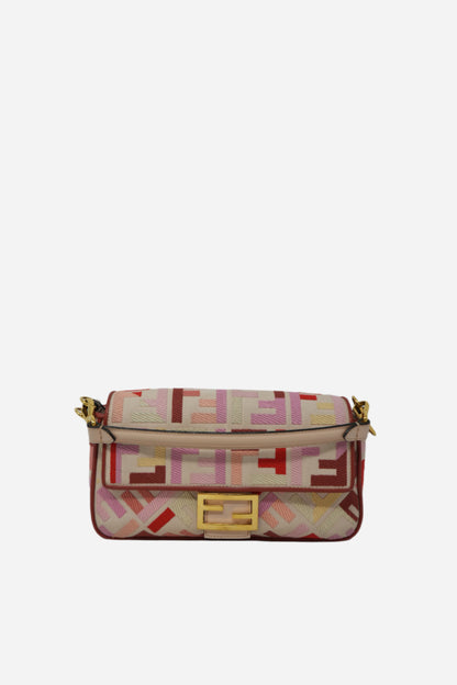 Fendi Canvas Embroidered Baguette Gold-Tone