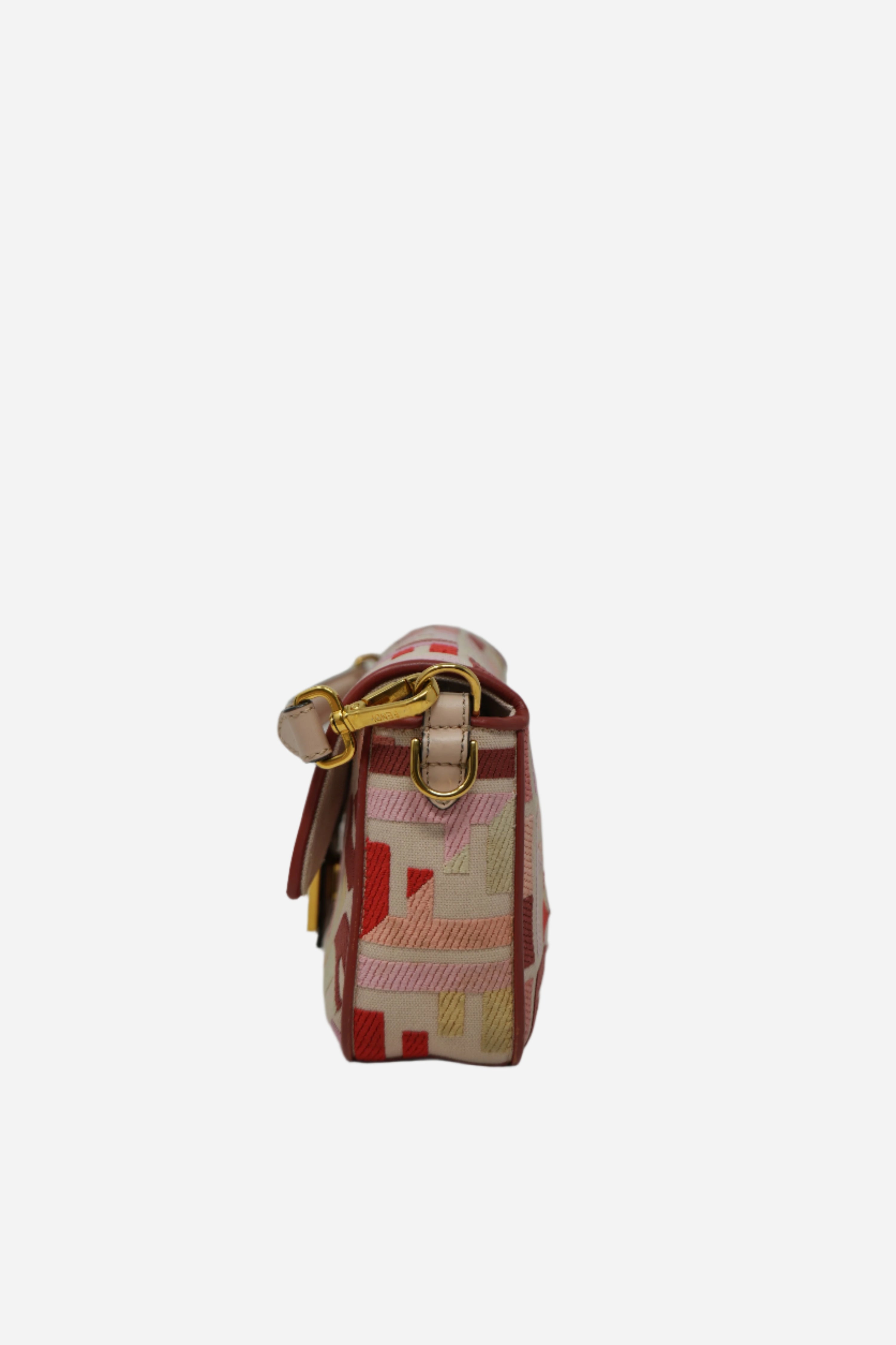 Fendi Canvas Embroidered Baguette Gold-Tone