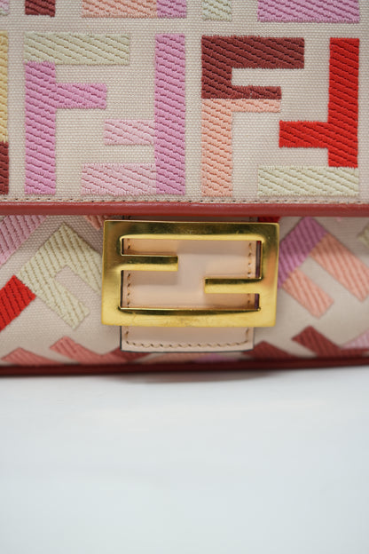 Fendi Canvas Embroidered Baguette Gold-Tone