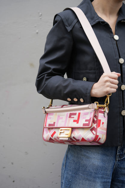 Fendi Canvas Embroidered Baguette Gold-Tone