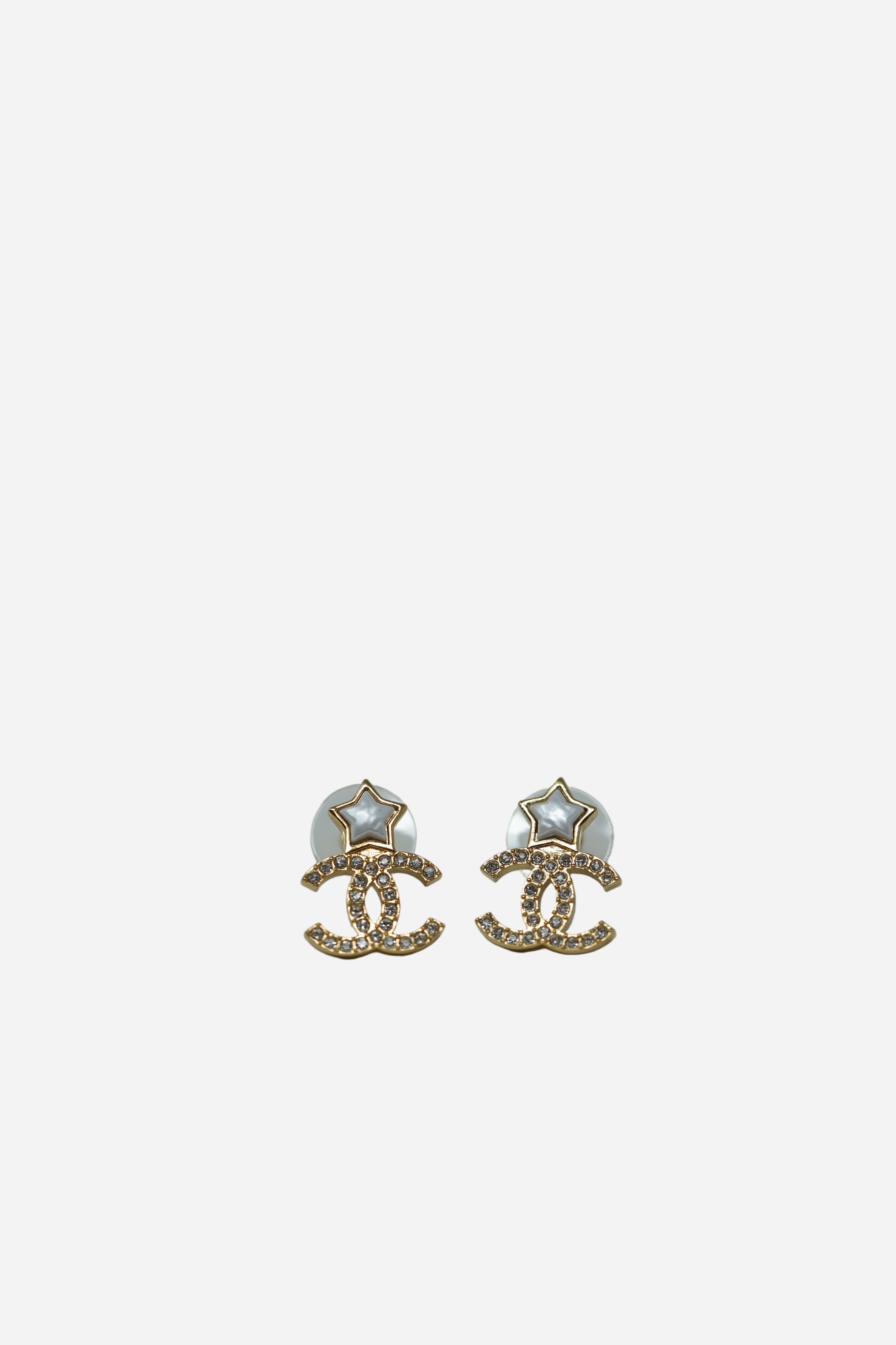 Pre-owned Chanel Crystal Pearl CC Star Earrings