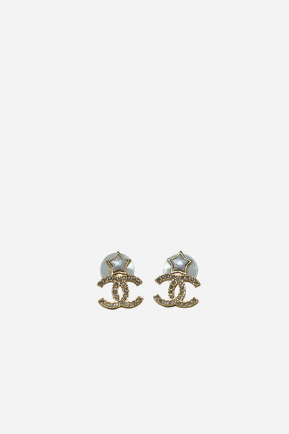 Pre-owned Chanel Crystal Pearl CC Star Earrings