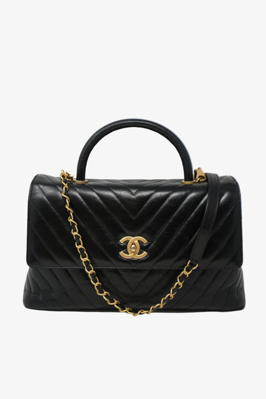 Pre-Owned Chanel Black Medium Chevron Coco Handle With Strap