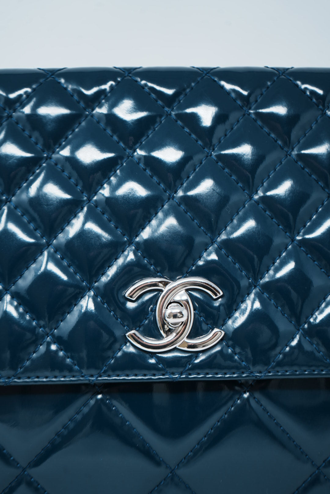 Pre-Owned Chanel Blue Patent Quilted Vinyl Flap Bag 2012