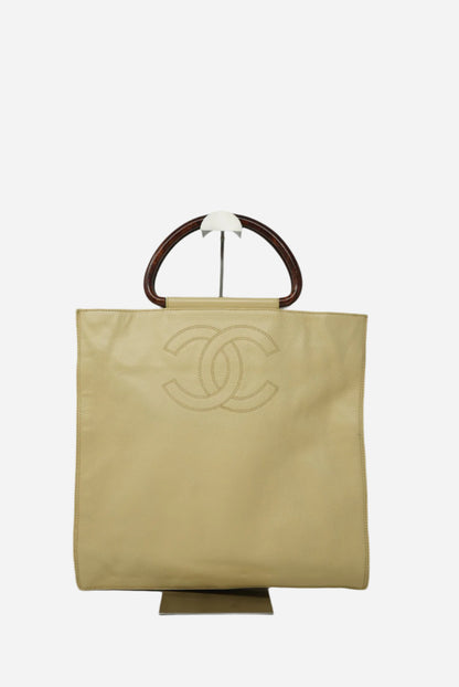 Pre-Owned Chanel Wood Handle Beige Handbag 2000-2002