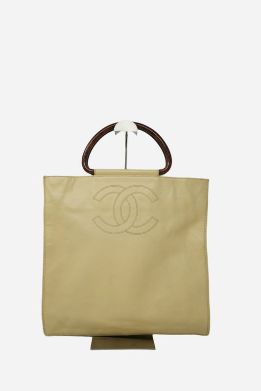 Pre-Owned Chanel Wood Handle Beige Handbag 2000-2002