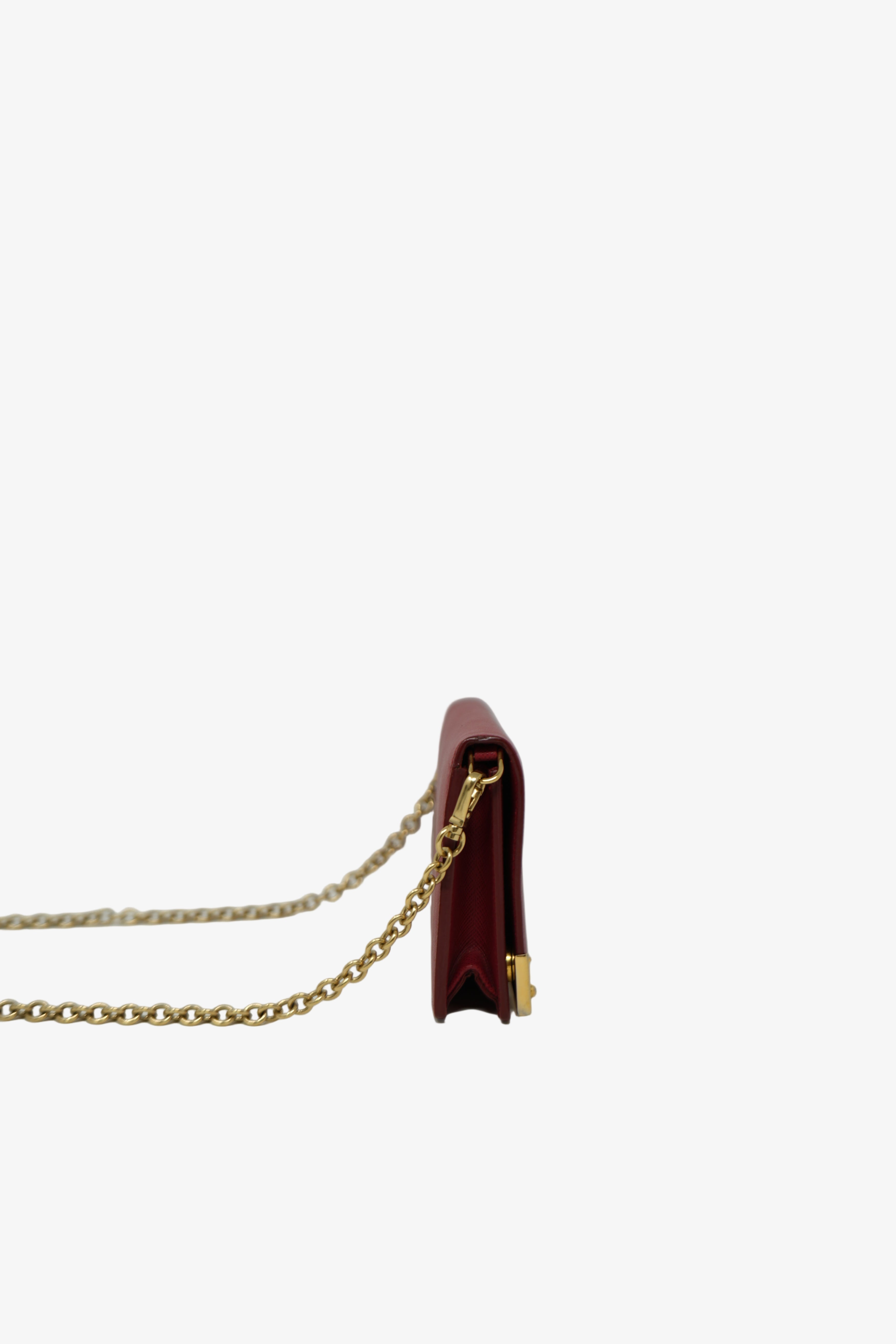Prada Red Saffiano Leather Metal Bar Chain Wallet