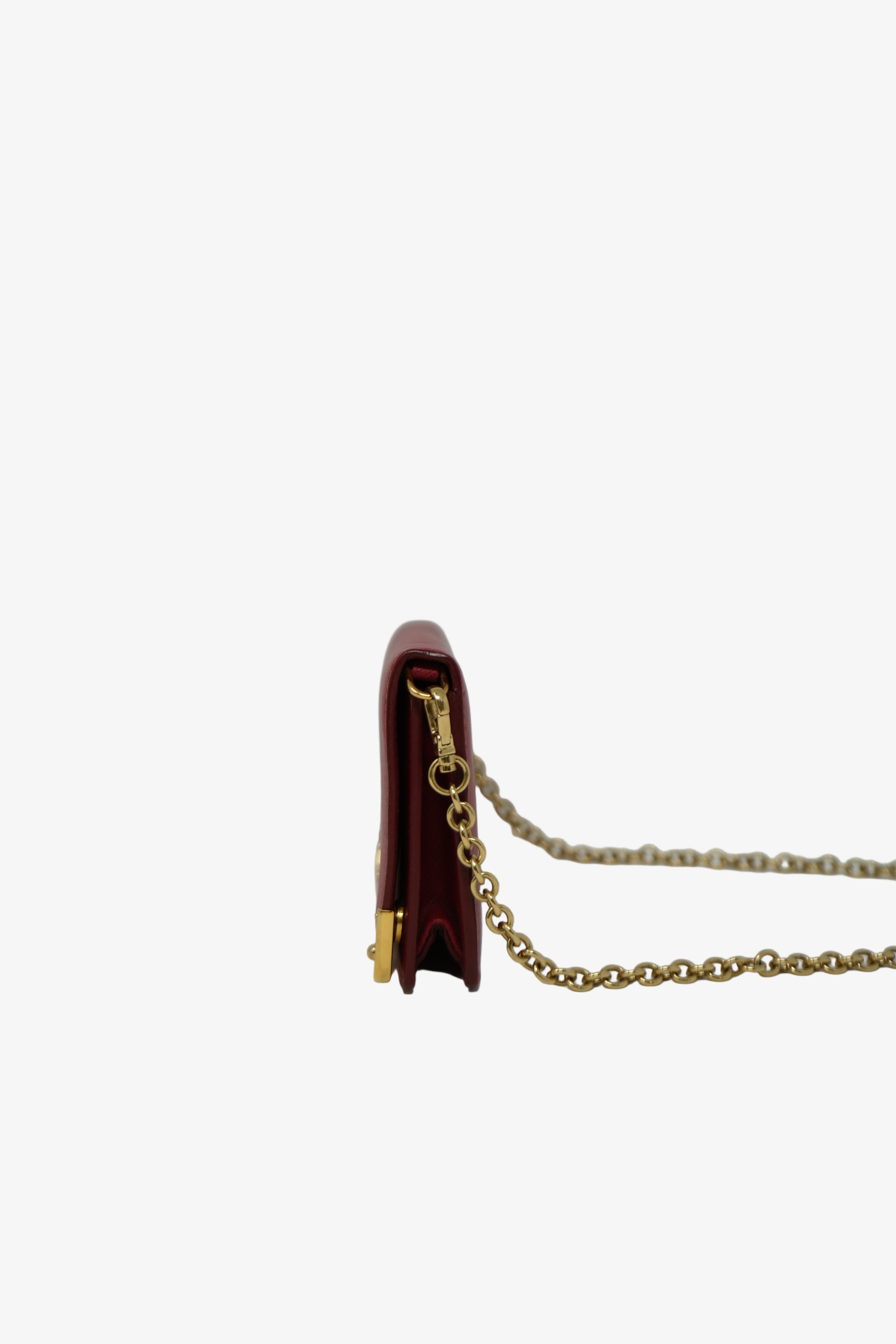 Prada Red Saffiano Leather Metal Bar Chain Wallet