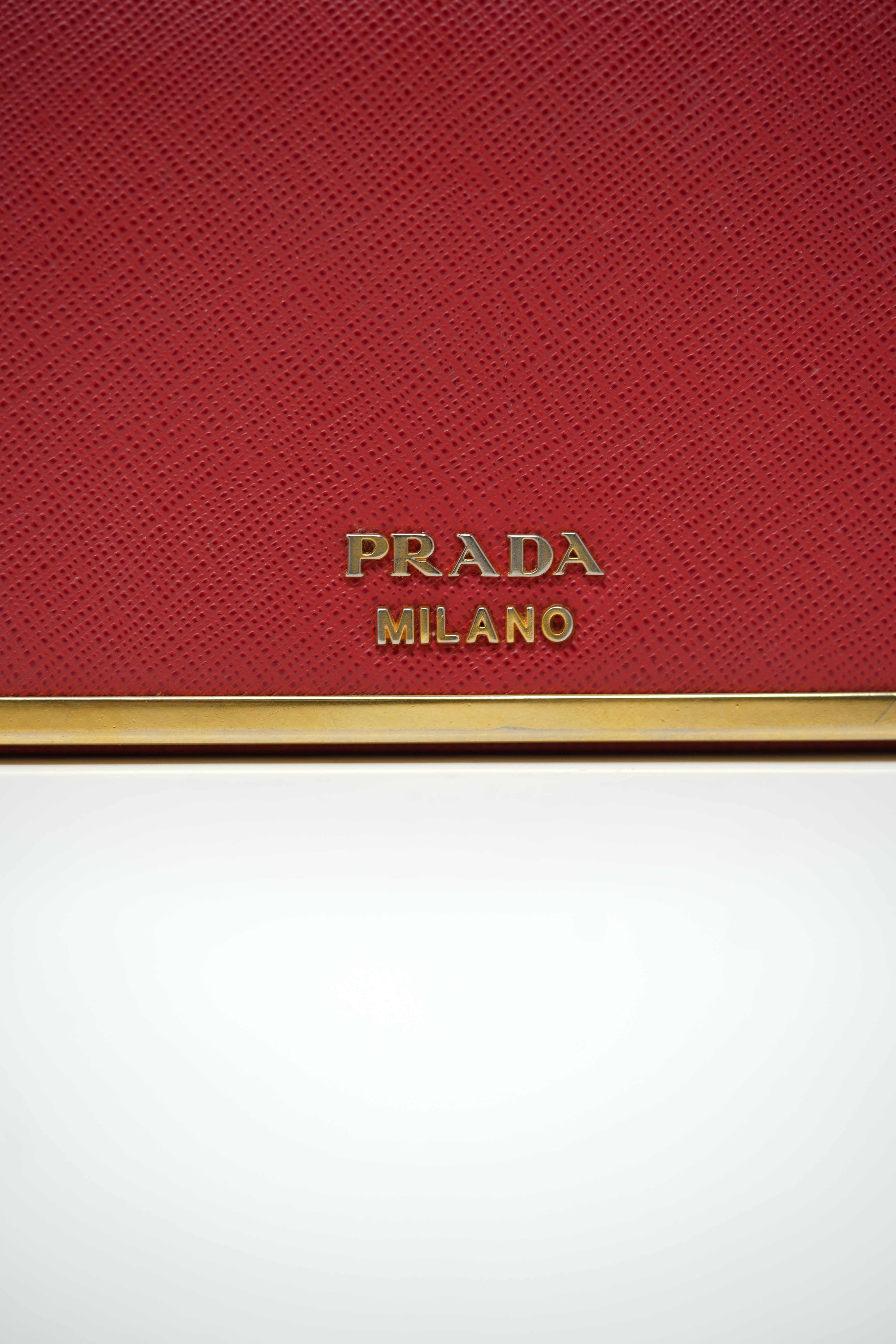 Prada Red Saffiano Leather Metal Bar Chain Wallet