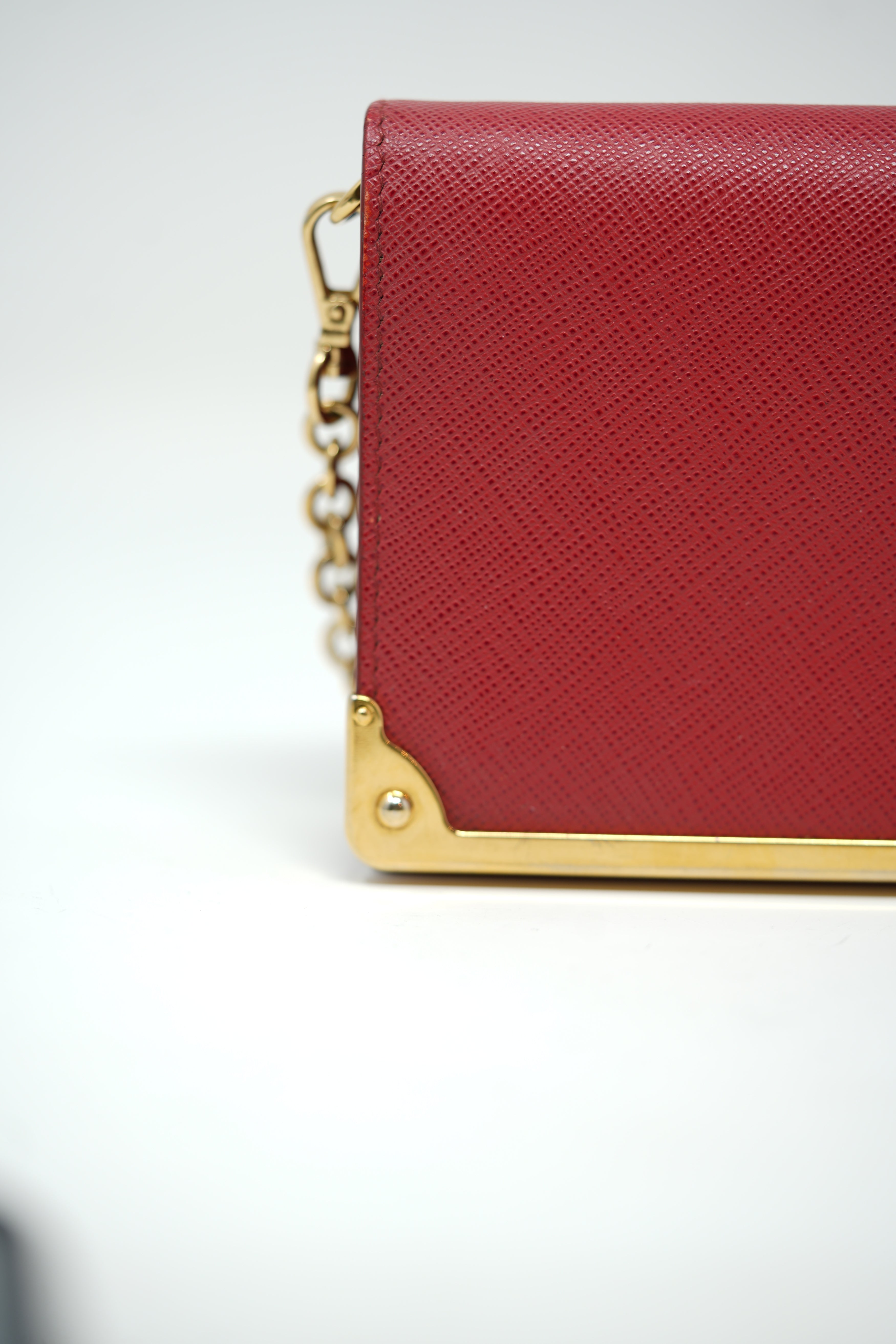 Prada Red Saffiano Leather Metal Bar Chain Wallet