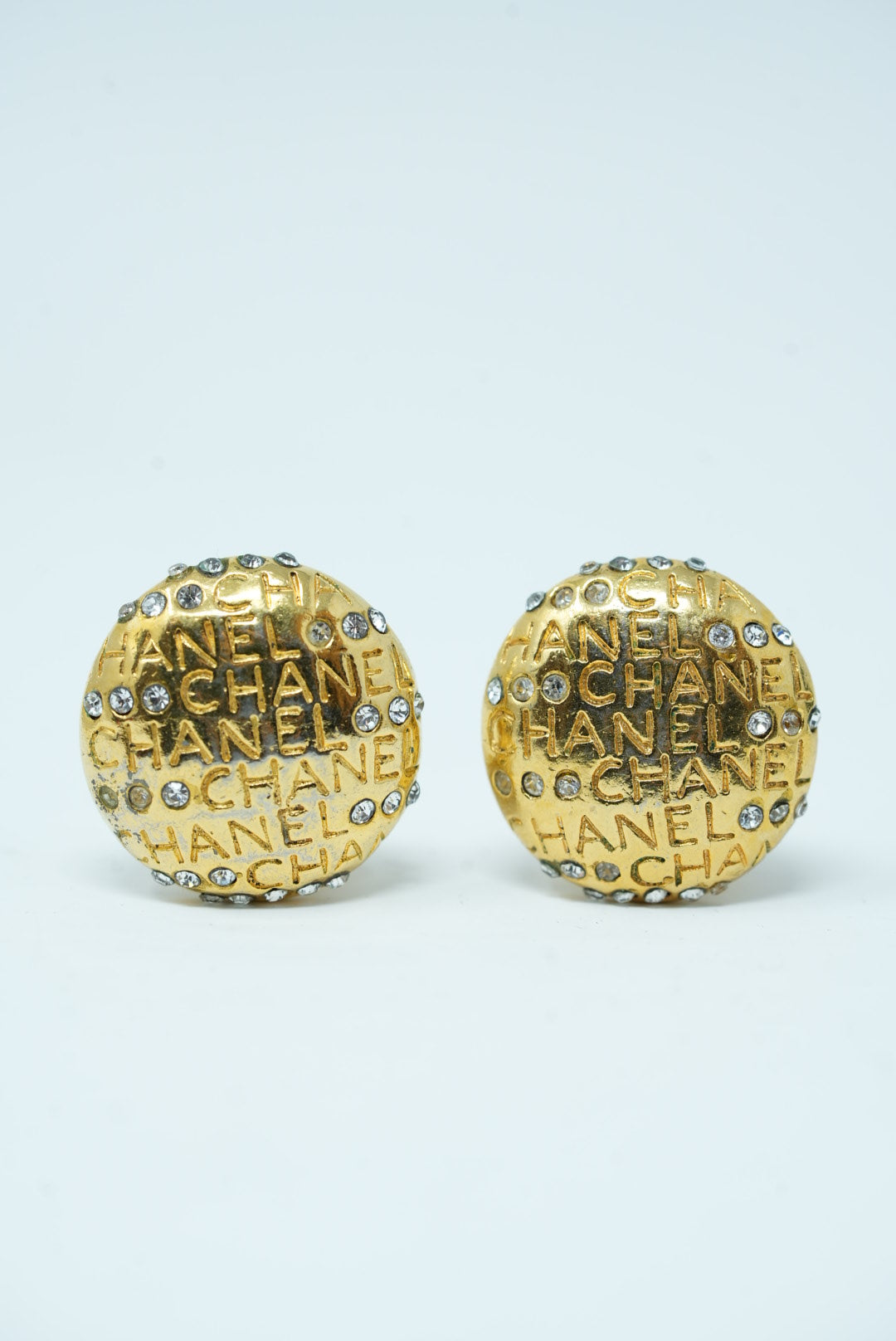 Pre-Owned Chanel Logo Rhinestone Round Earrings Clip-On 80s