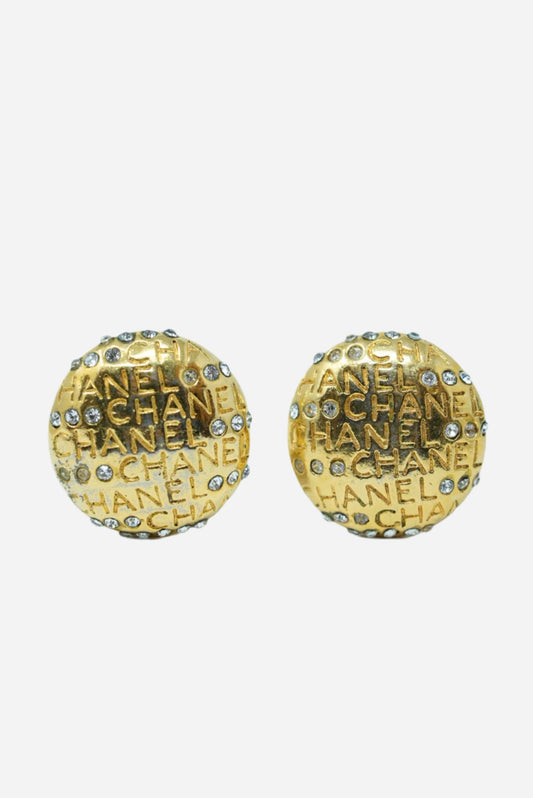 Pre-Owned Chanel Logo Rhinestone Round Earrings Clip-On 80s