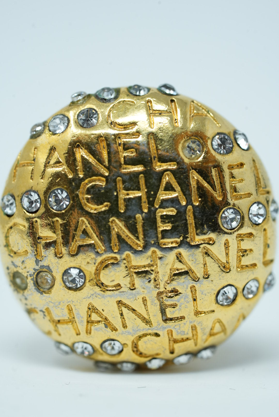 Pre-Owned Chanel Logo Rhinestone Round Earrings Clip-On 80s