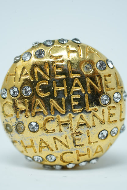 Pre-Owned Chanel Logo Rhinestone Round Earrings Clip-On 80s
