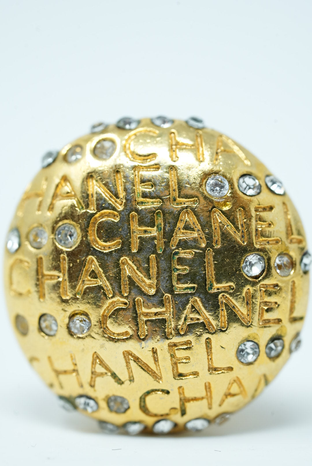 Pre-Owned Chanel Logo Rhinestone Round Earrings Clip-On 80s