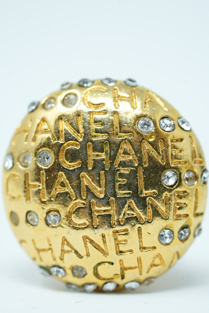 Pre-Owned Chanel Logo Rhinestone Round Earrings Clip-On 80s