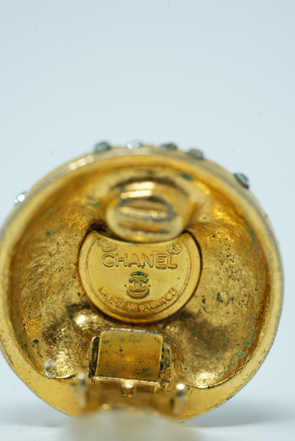 Pre-Owned Chanel Logo Rhinestone Round Earrings Clip-On 80s