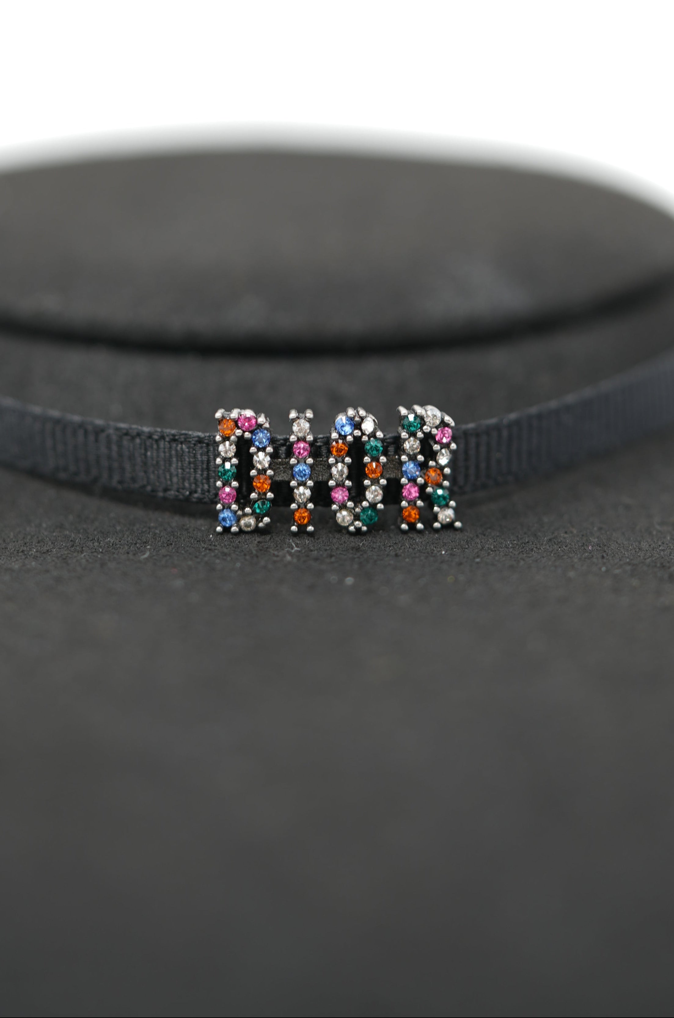 Dior Grosgrain Ribbon Crystal Logo Choker Necklace Multicolor