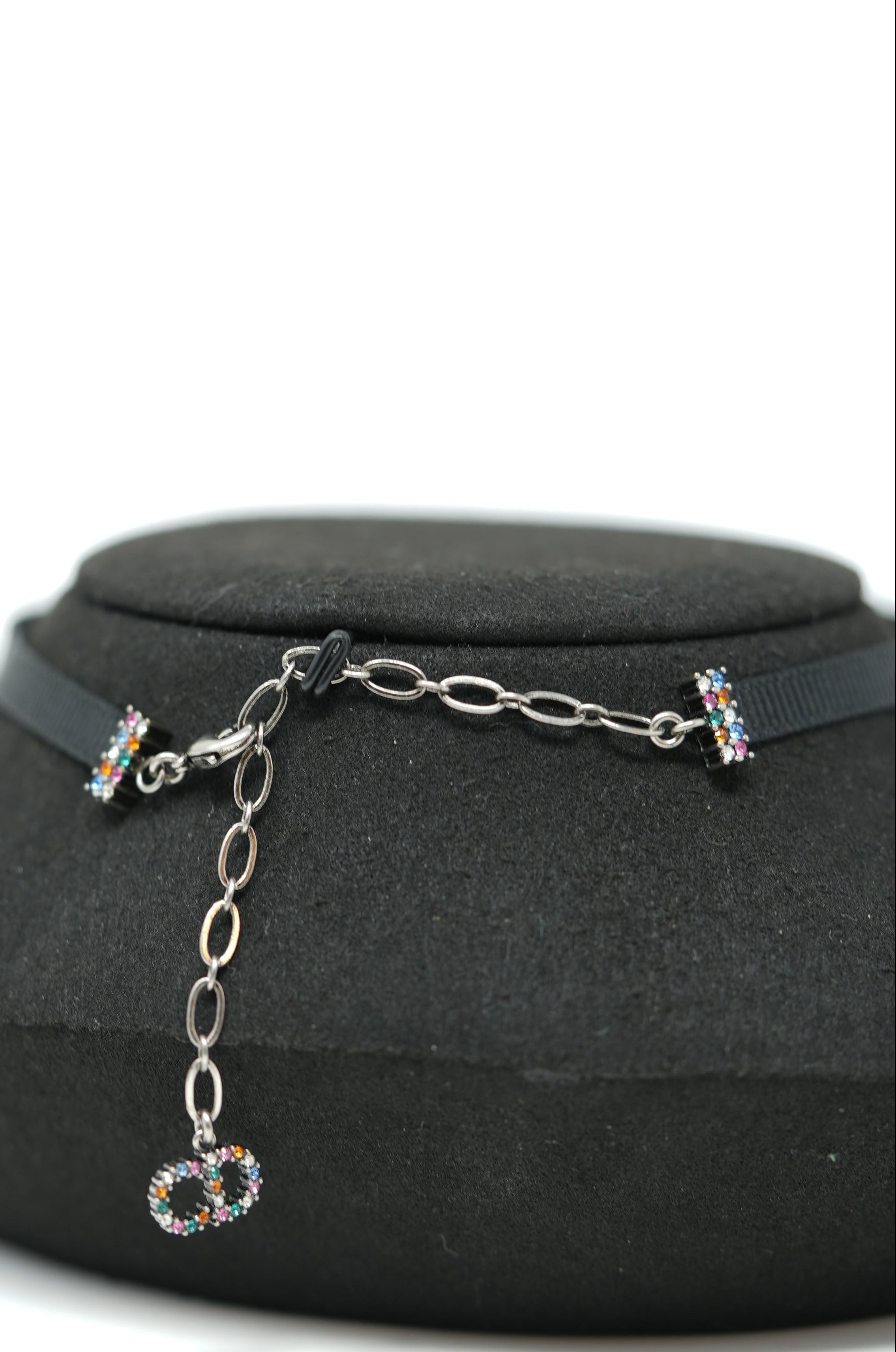 Dior Grosgrain Ribbon Crystal Logo Choker Necklace Multicolor