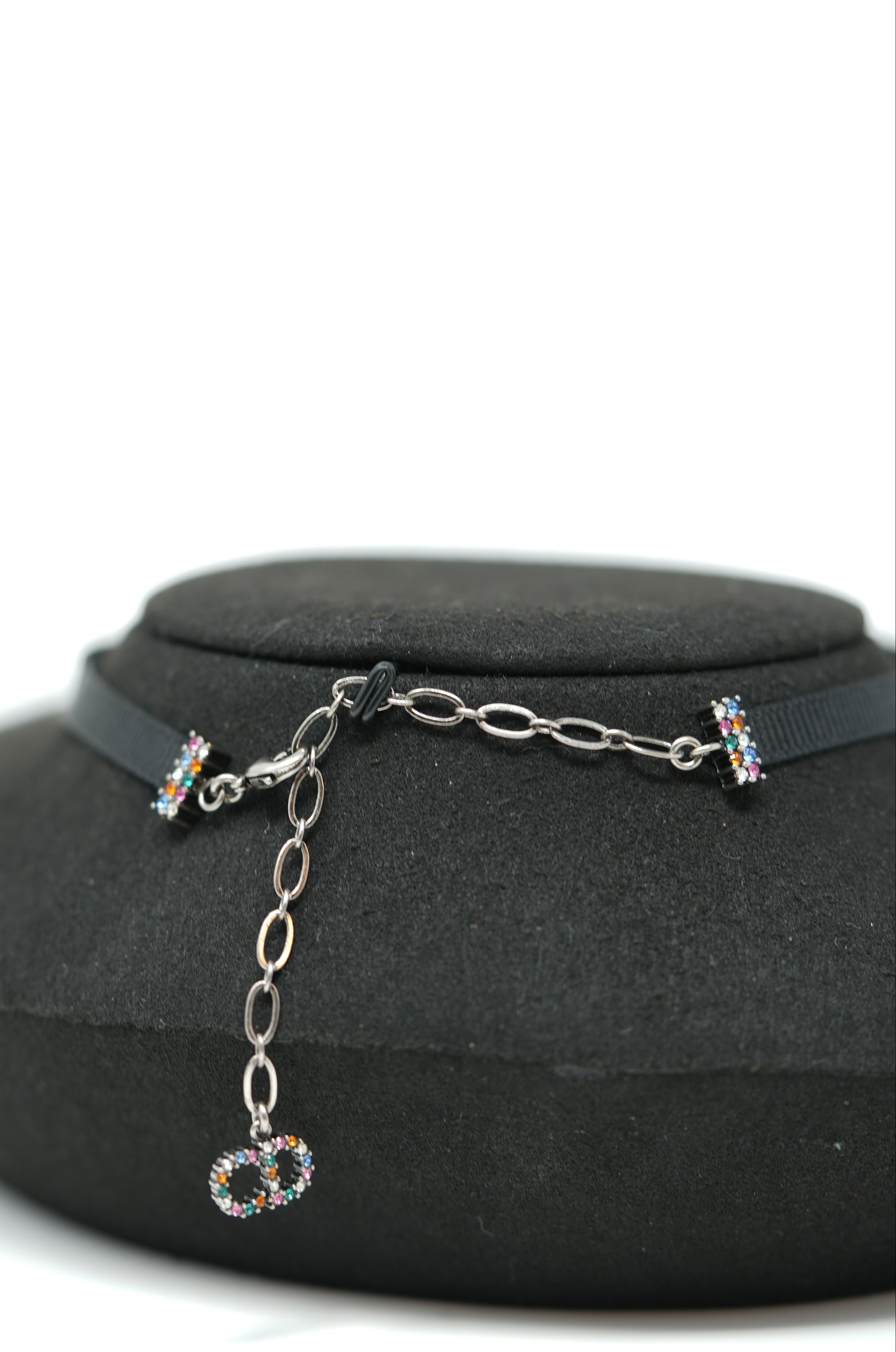 Dior Grosgrain Ribbon Crystal Logo Choker Necklace Multicolor