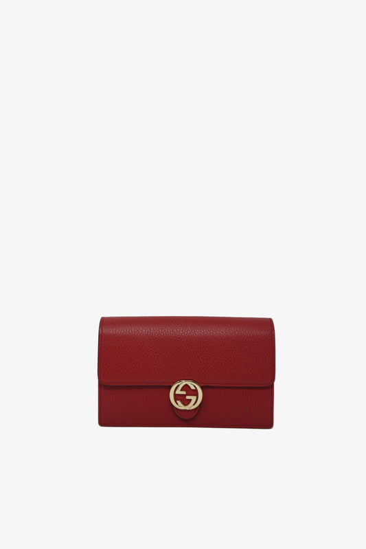 Gucci Red Leather GG Interlocking Wallet On Chain