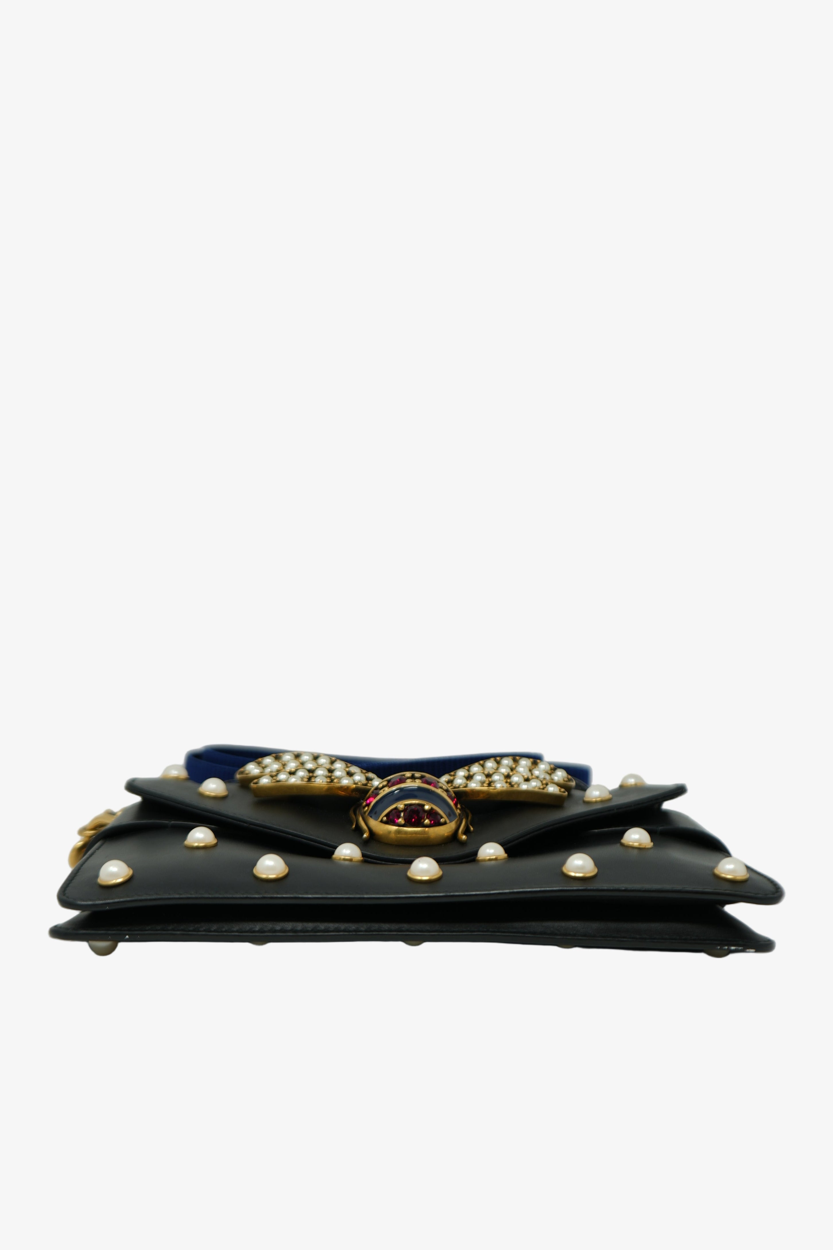 Gucci Black/Gold Nappa Pearl Studded Mini Queen Margaret Broadway Handbag