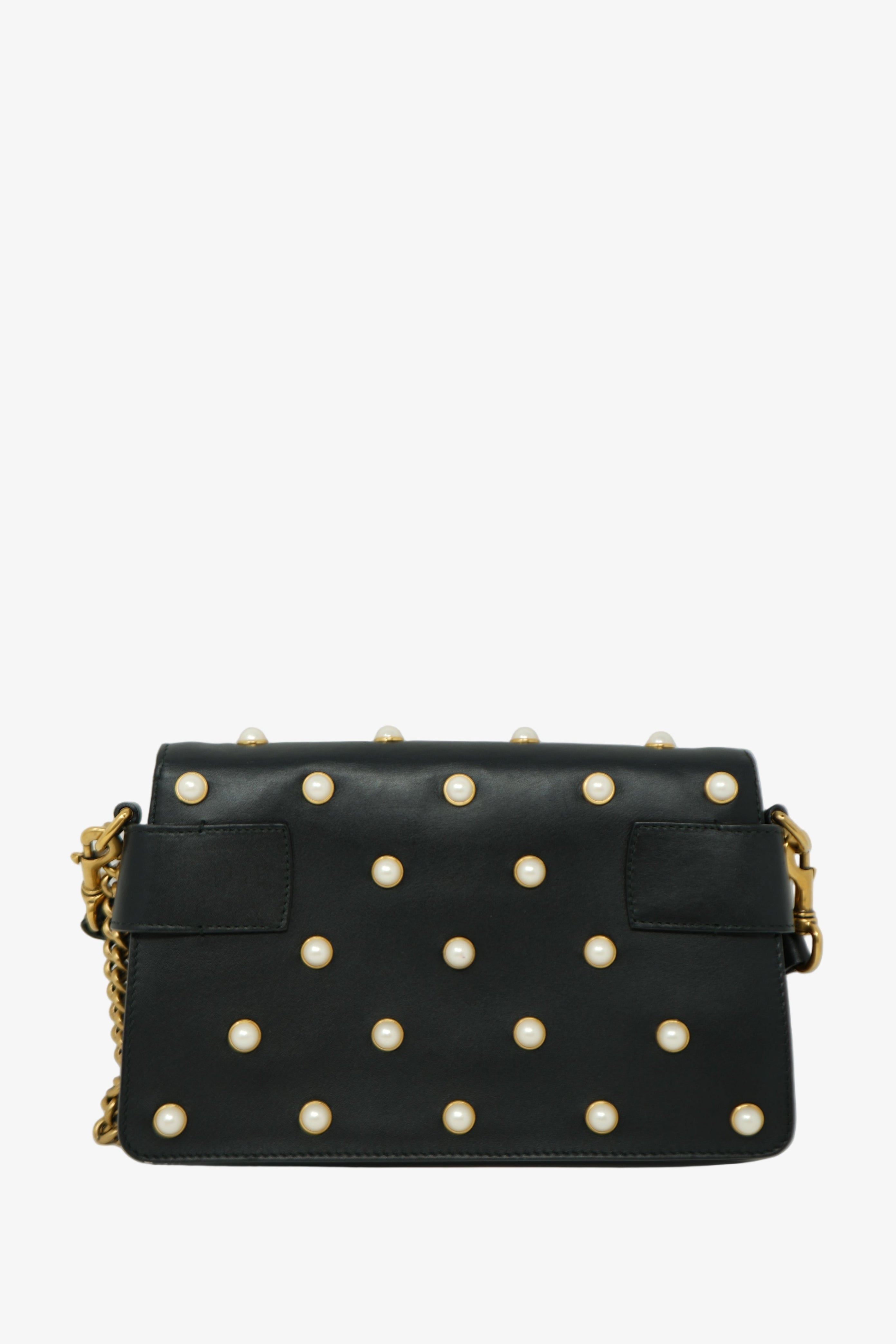 Gucci Black/Gold Nappa Pearl Studded Mini Queen Margaret Broadway Handbag