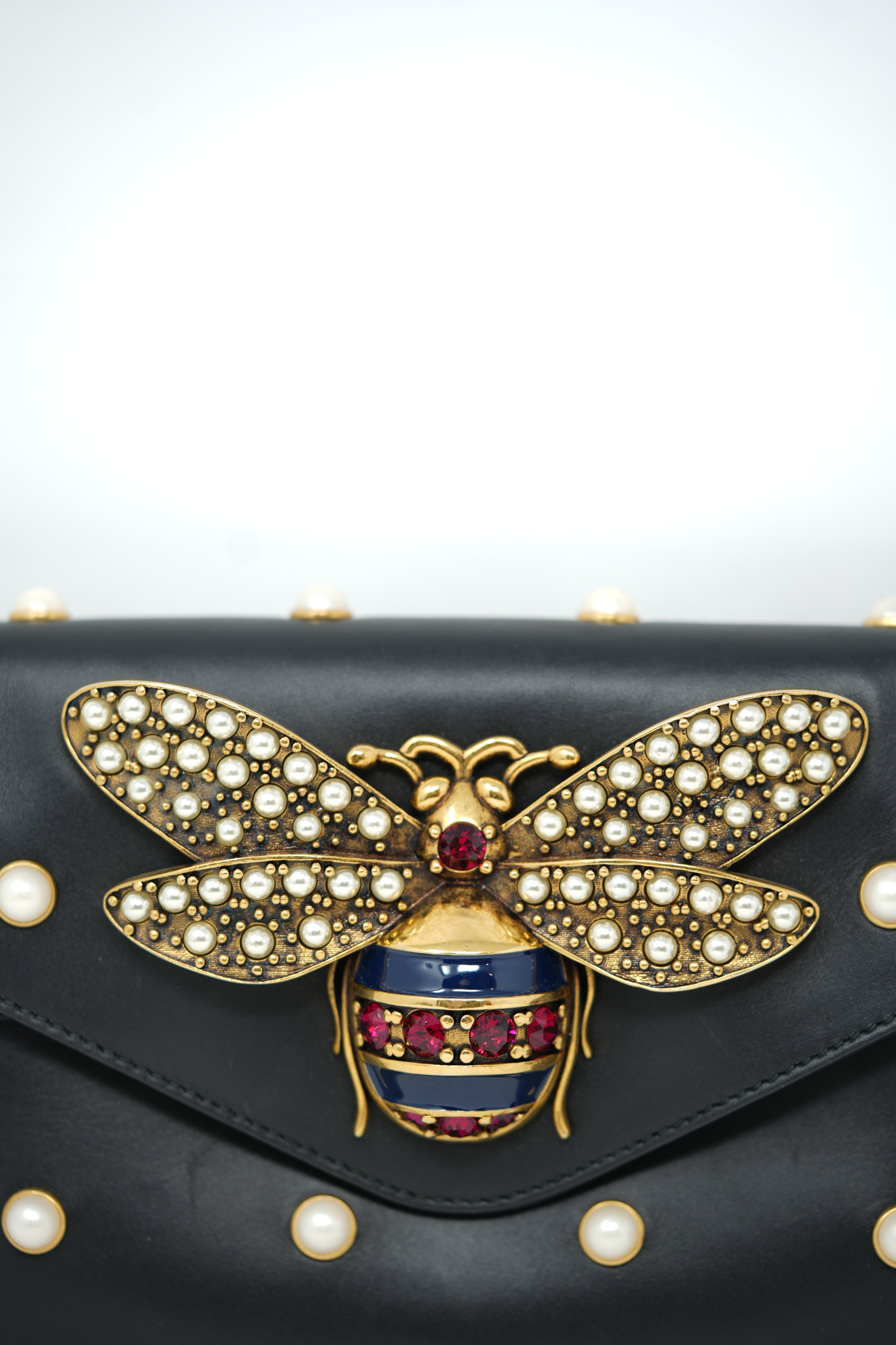 Gucci Black/Gold Nappa Pearl Studded Mini Queen Margaret Broadway Handbag