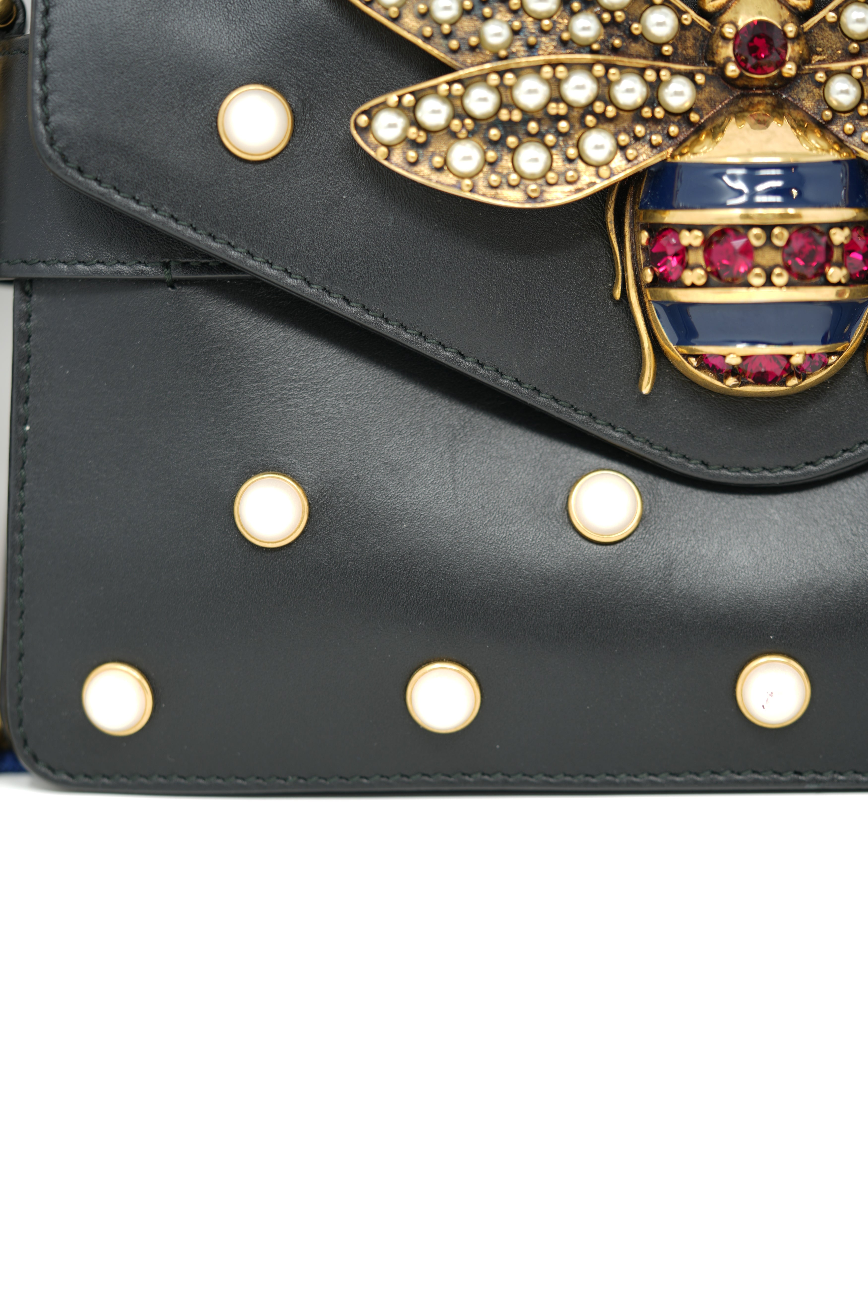 Gucci Black/Gold Nappa Pearl Studded Mini Queen Margaret Broadway Handbag