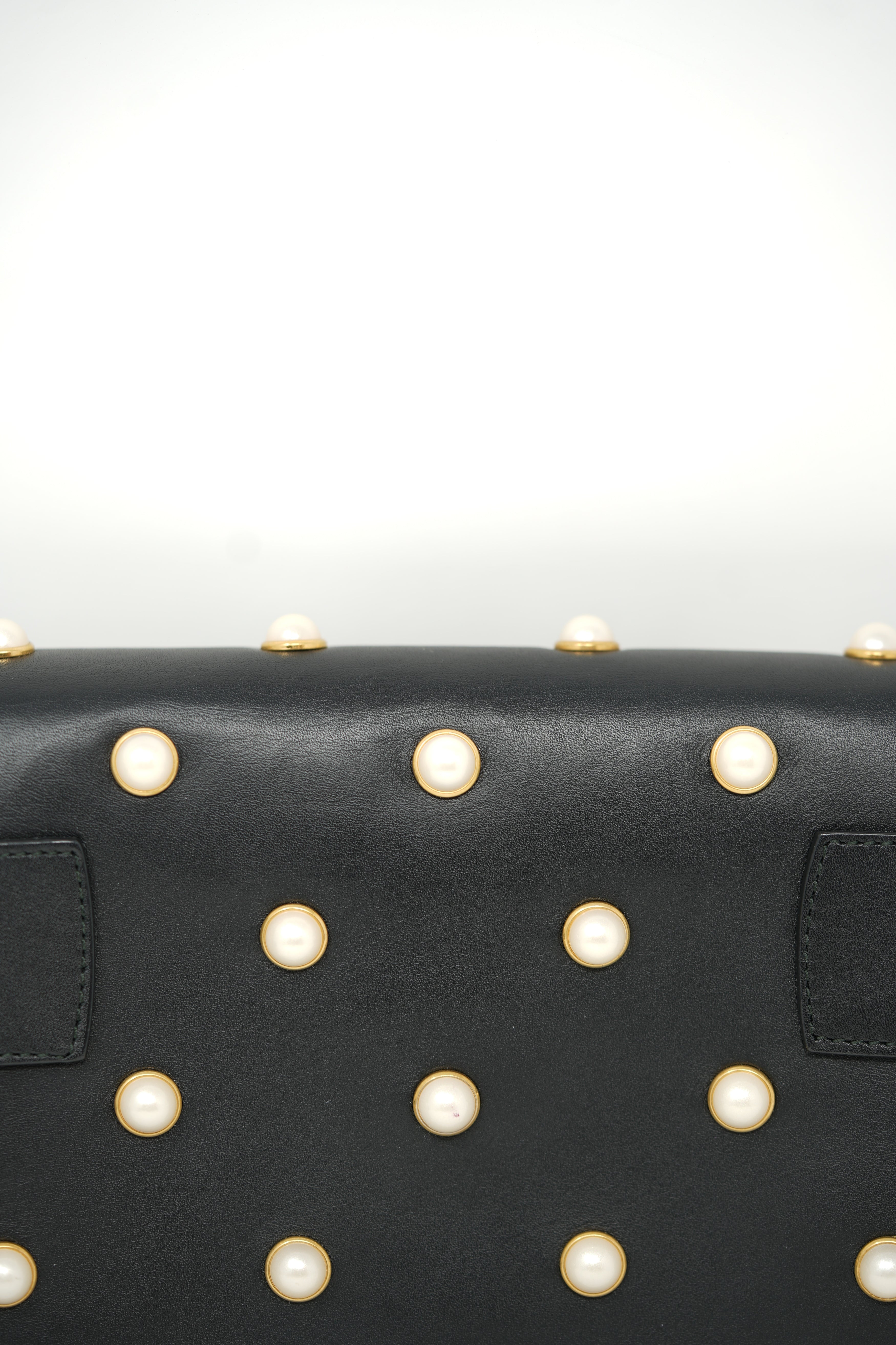 Gucci Black/Gold Nappa Pearl Studded Mini Queen Margaret Broadway Handbag