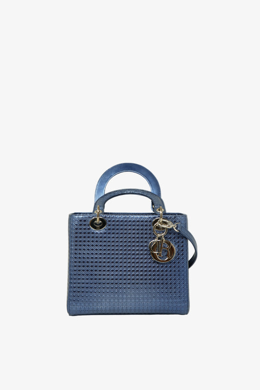 Christian Dior 2016 Blue Metallic Patent Medium Lady Dior Bag