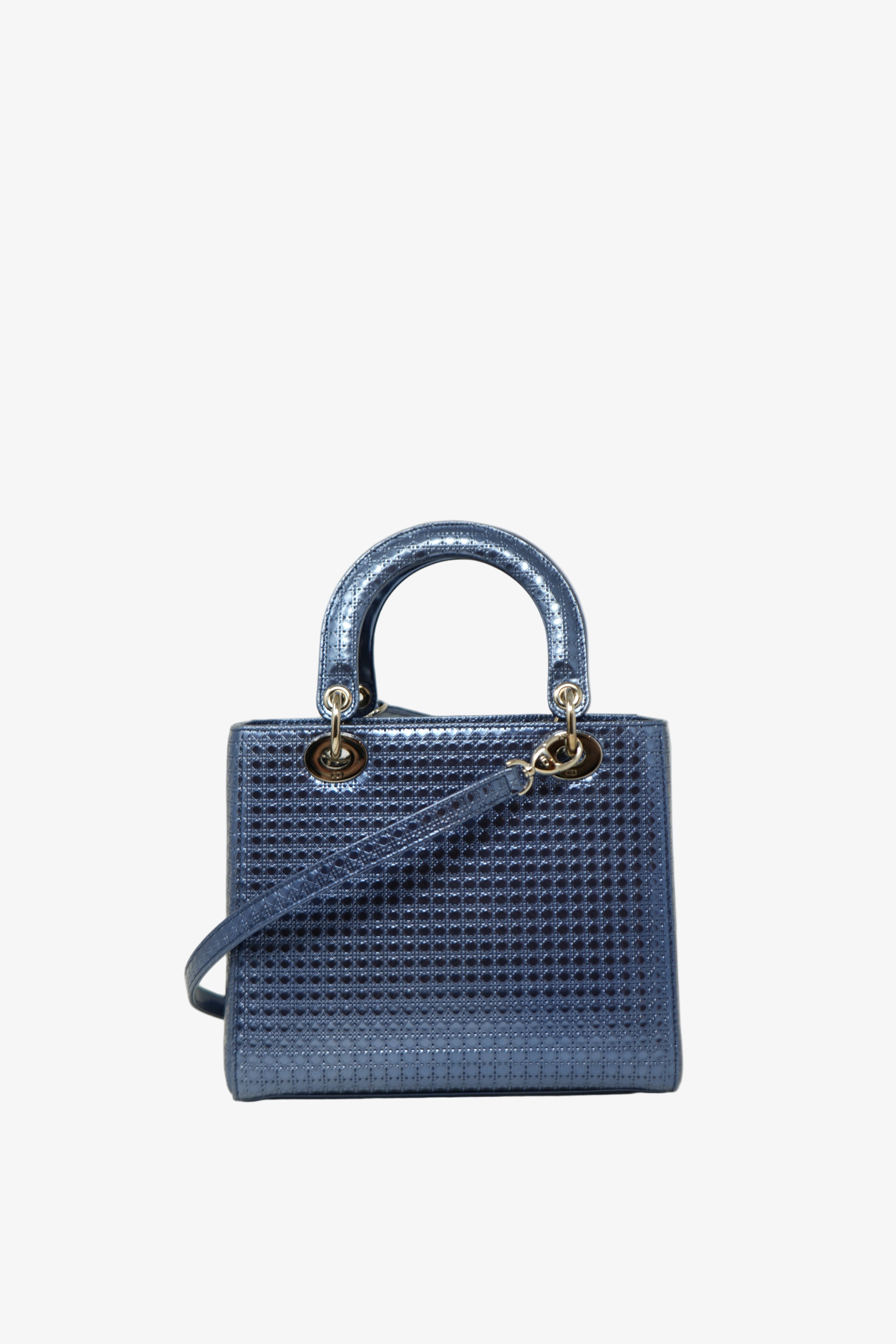 Christian Dior 2016 Blue Metallic Patent Medium Lady Dior Bag