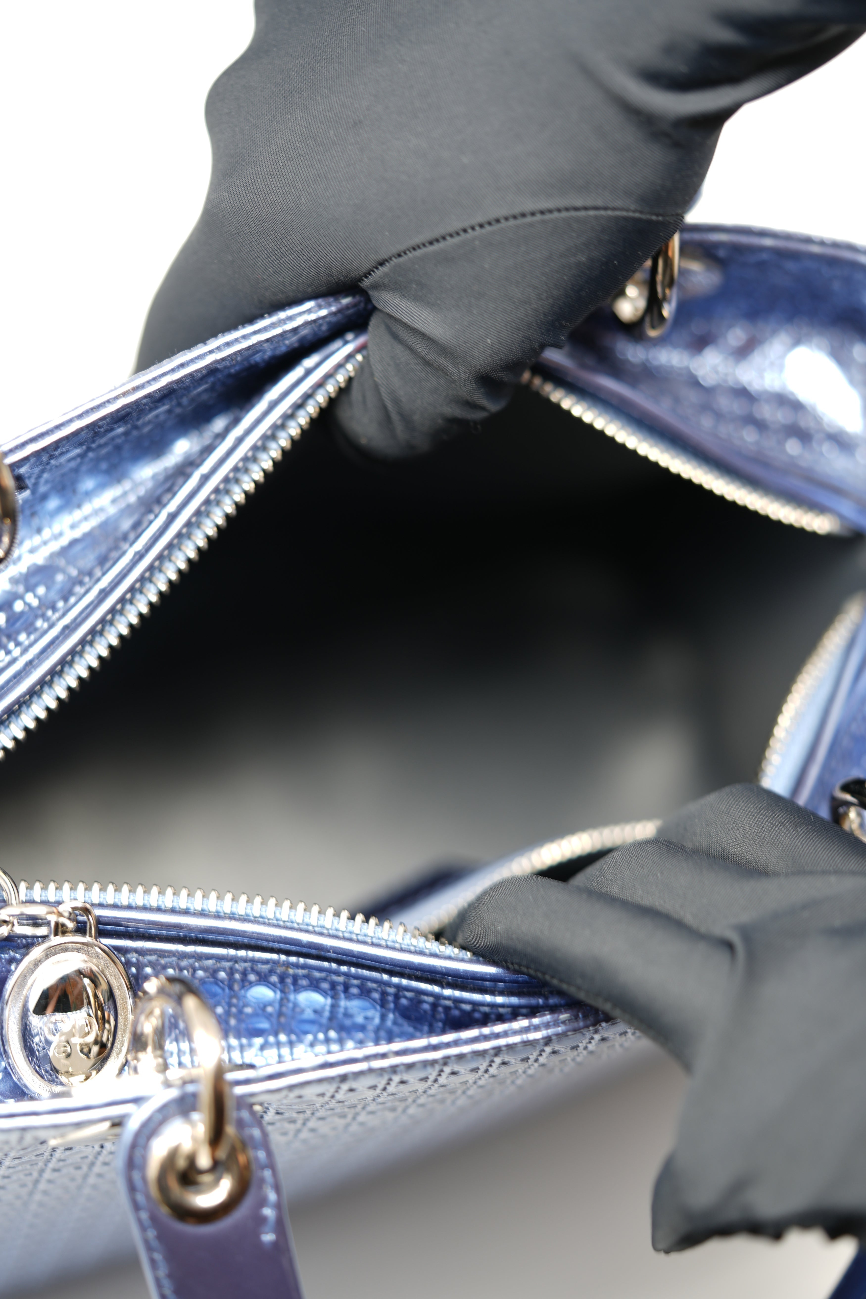 Christian Dior 2016 Blue Metallic Patent Medium Lady Dior Bag