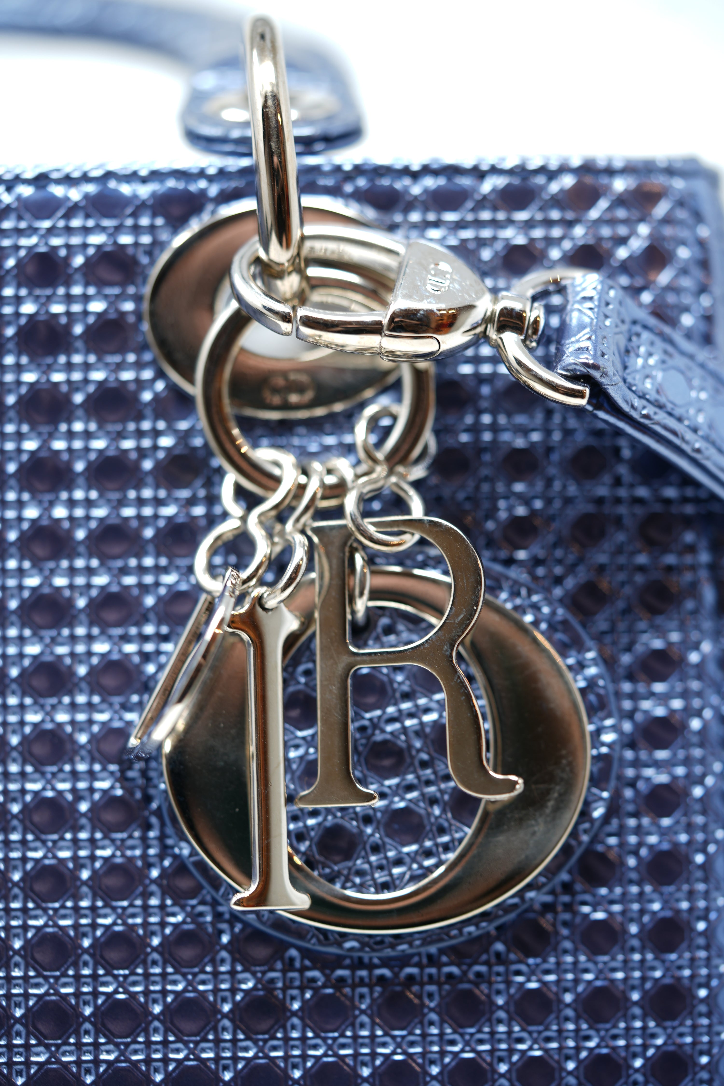 Christian Dior 2016 Blue Metallic Patent Medium Lady Dior Bag