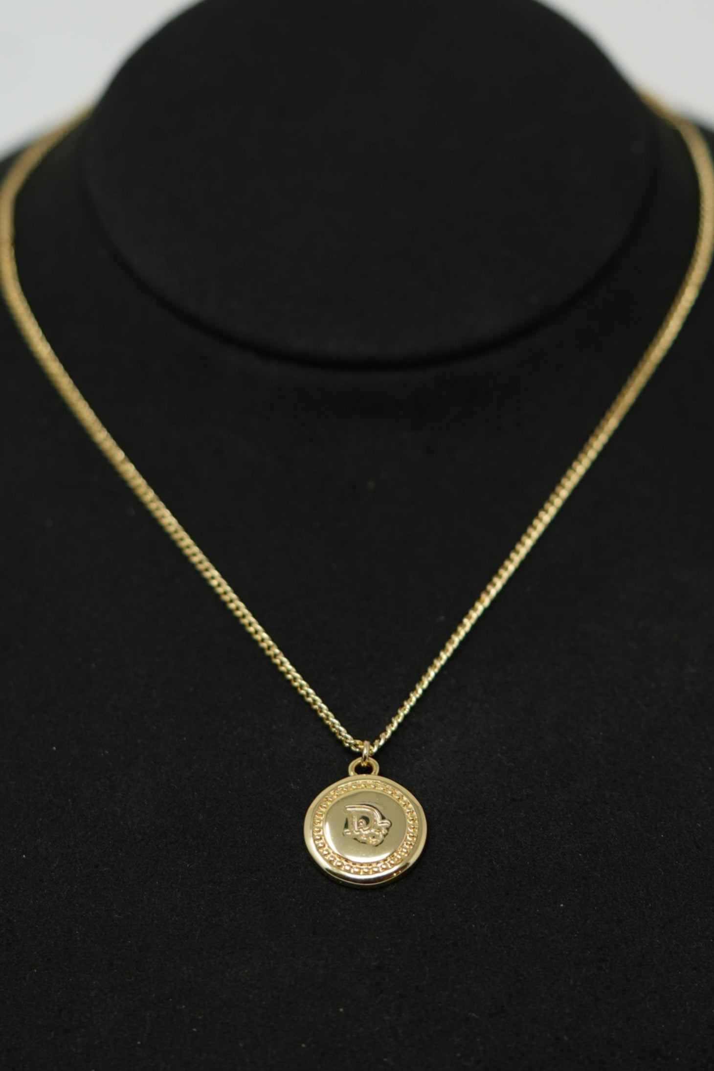 Dior Vintage Gold Tone Round Logo Necklace