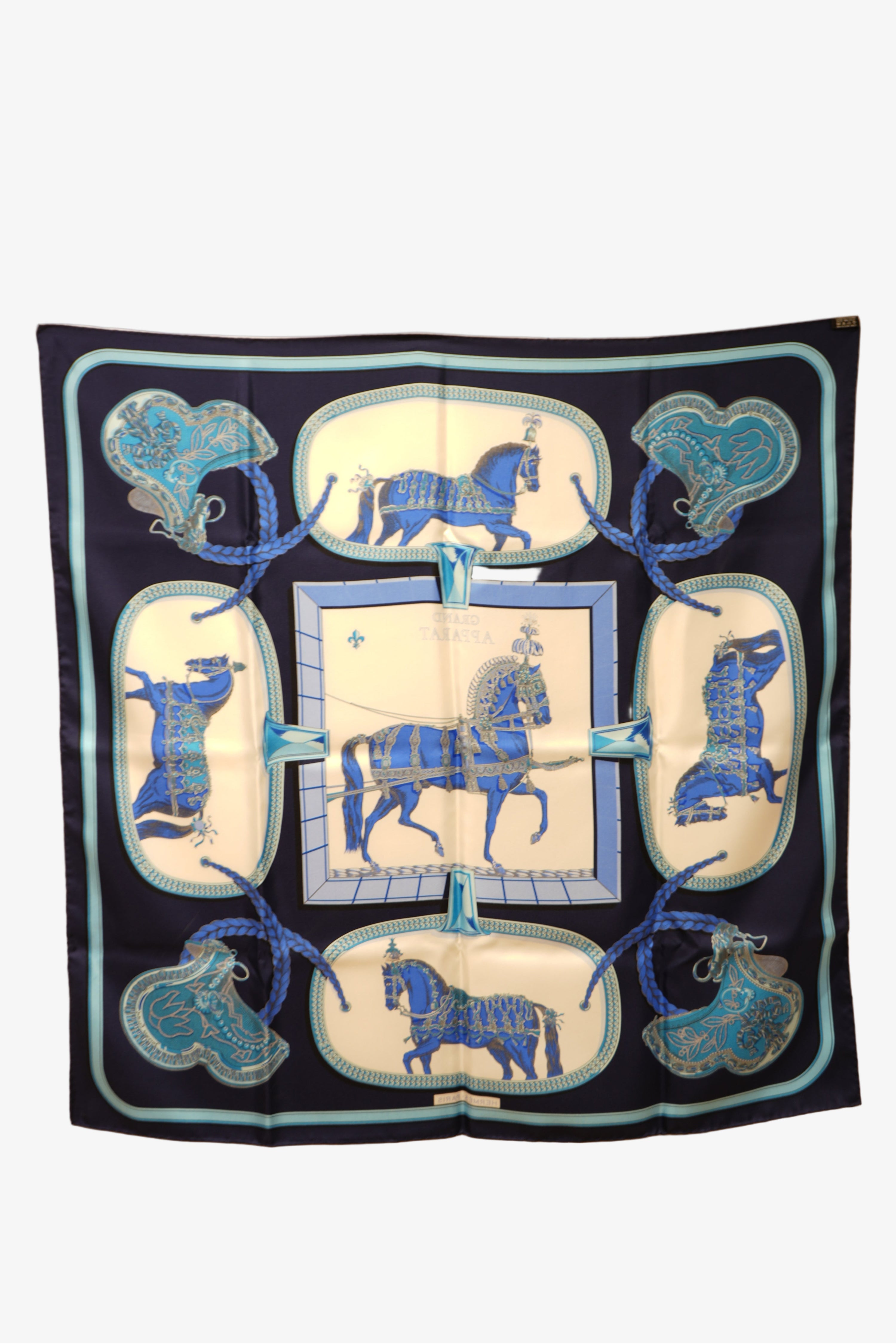 Hermes 90cm Silk Scarf Blue Horses NW W/box