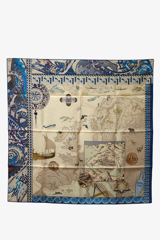 Hermes Voyage De Pytheas Scarf 90cm 100% silk Blue BrandNew