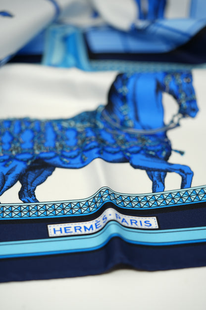 Hermes 90cm Silk Scarf Blue Horses NW W/box