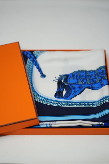 Hermes 90cm Silk Scarf Blue Horses NW W/box