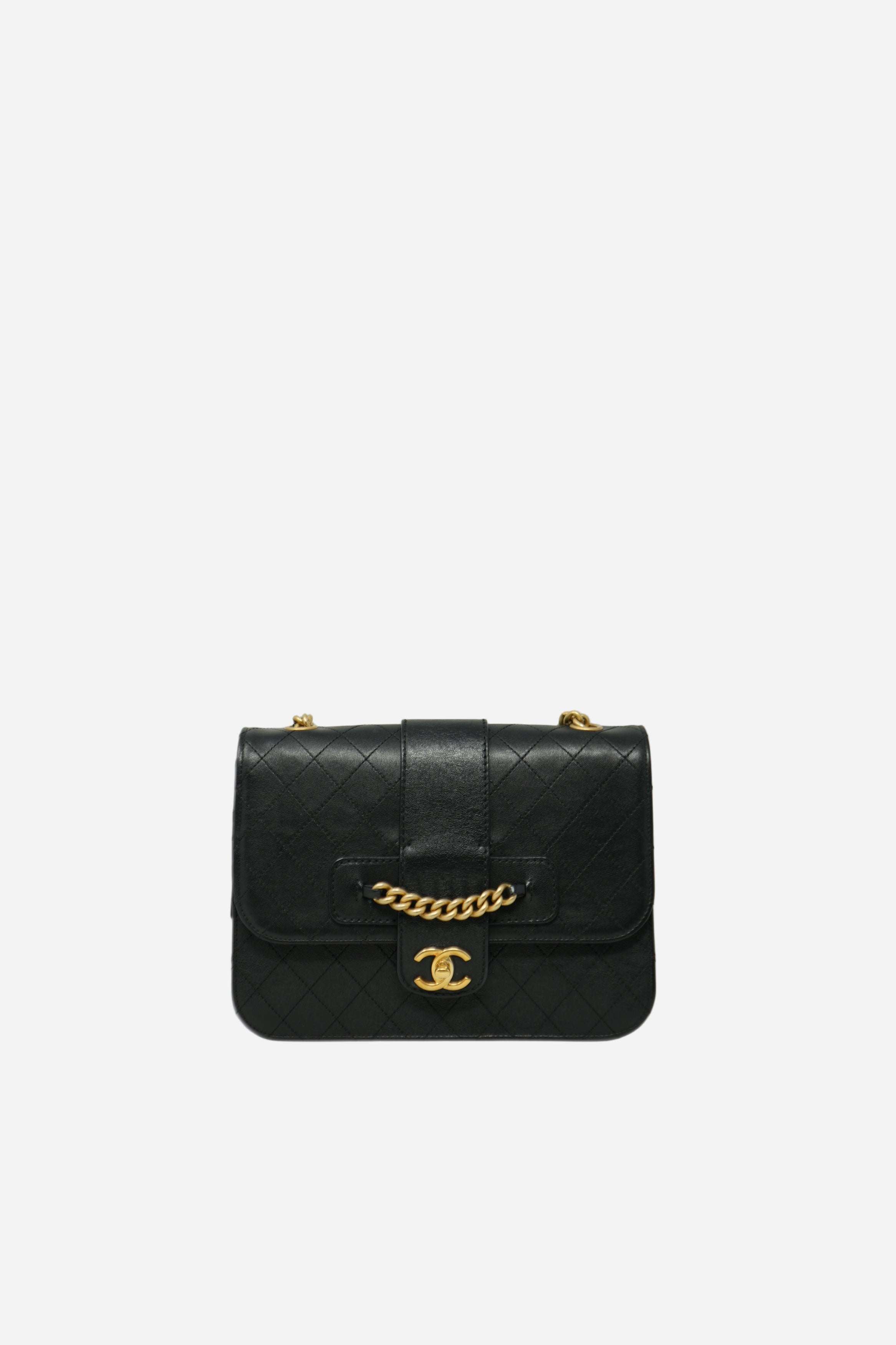 Pre-Owned Chanel 2017–2018 Black Calfskin Front Chain Flap Bag