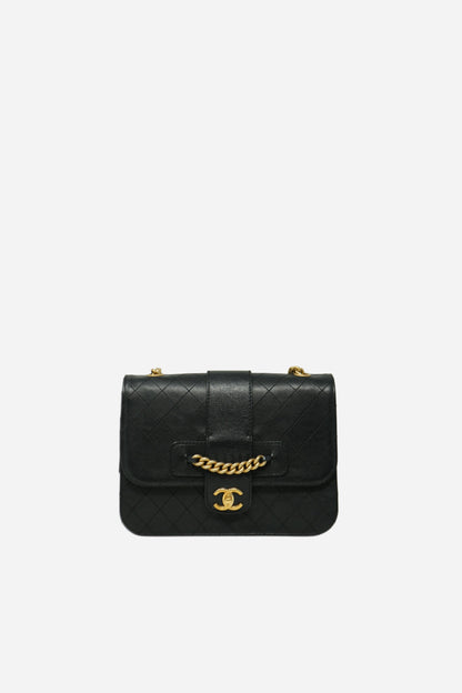 Pre-Owned Chanel 2017–2018 Black Calfskin Front Chain Flap Bag