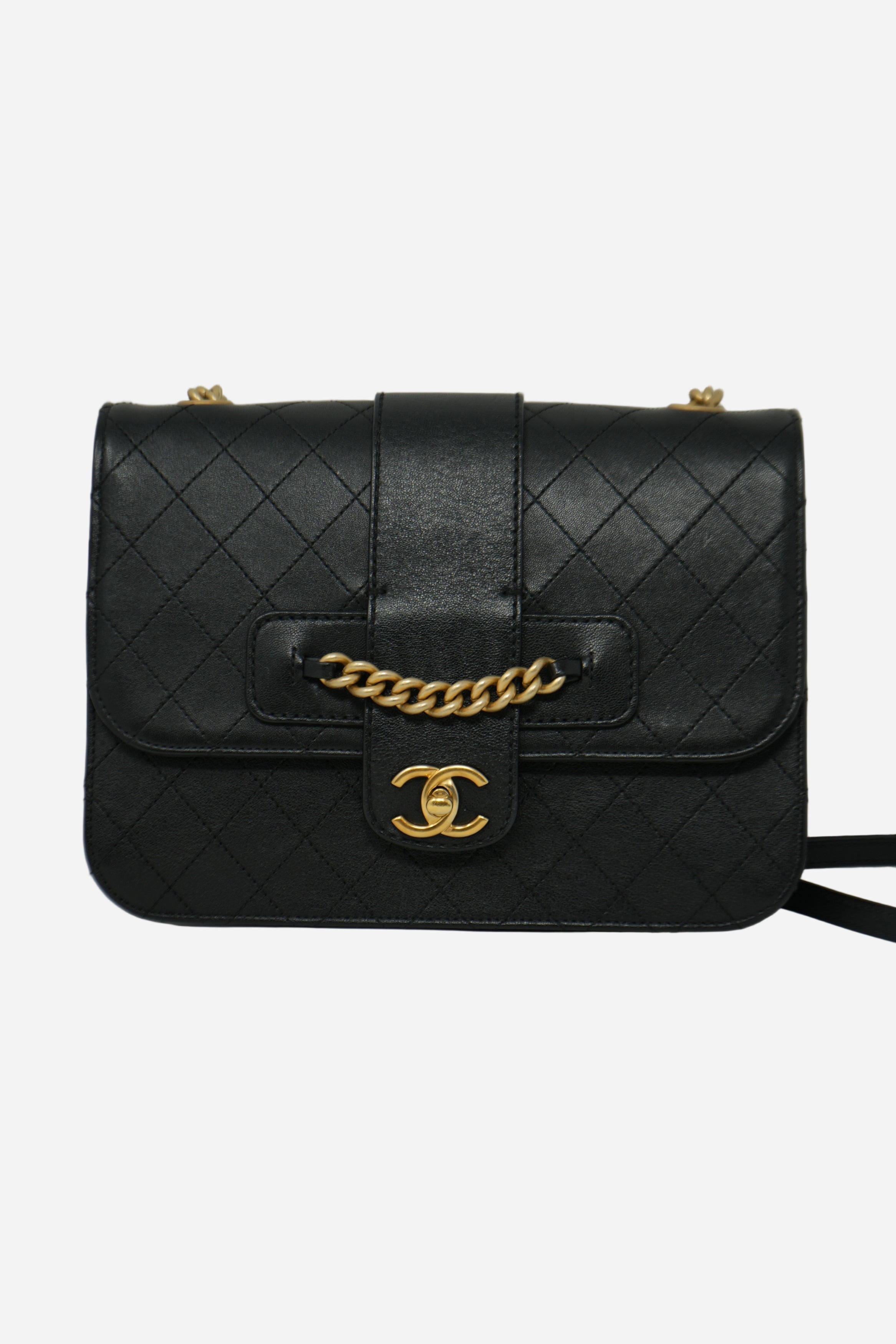 Pre-Owned Chanel 2017–2018 Black Calfskin Front Chain Flap Bag