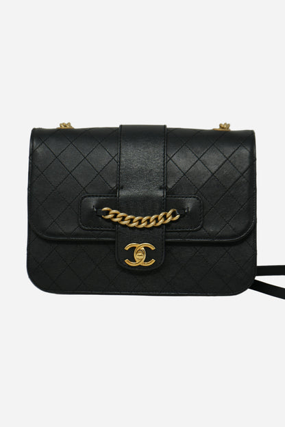 Pre-Owned Chanel 2017–2018 Black Calfskin Front Chain Flap Bag