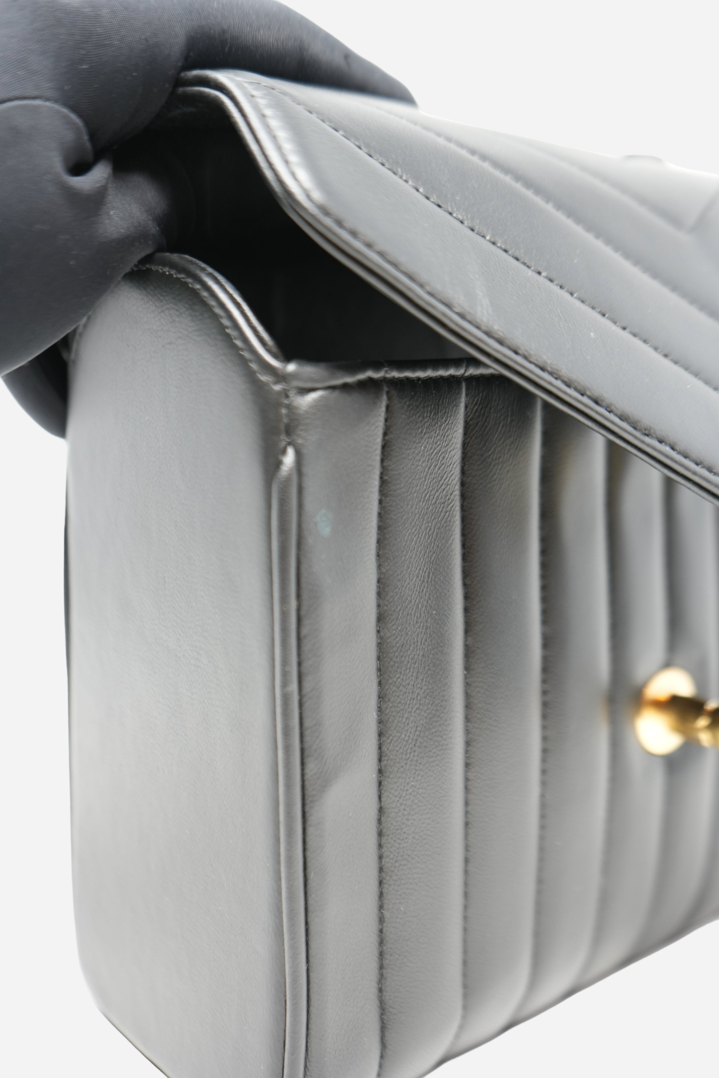 Pre-Owned Chanel 1989–1991 Black Lambskin Chevron Quilted Mini Top Handle Bag