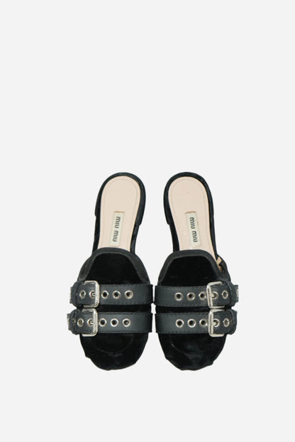 Miu Miu Black Velvet Lace Up Strap Ballet Mules