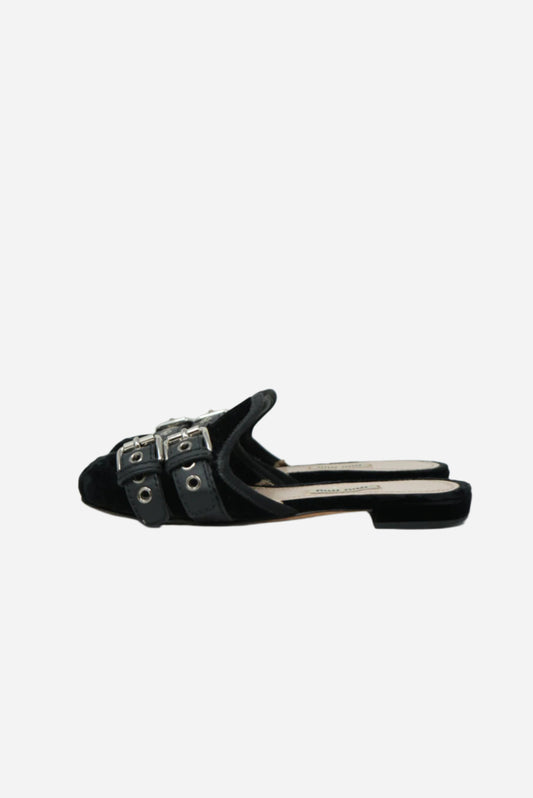Miu Miu Black Velvet Lace Up Strap Ballet Mules